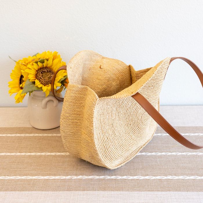 Round Raffia Shoulder Bag with Genuine Leather Handles