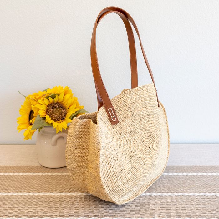 Round Raffia Shoulder Bag with Genuine Leather Handles