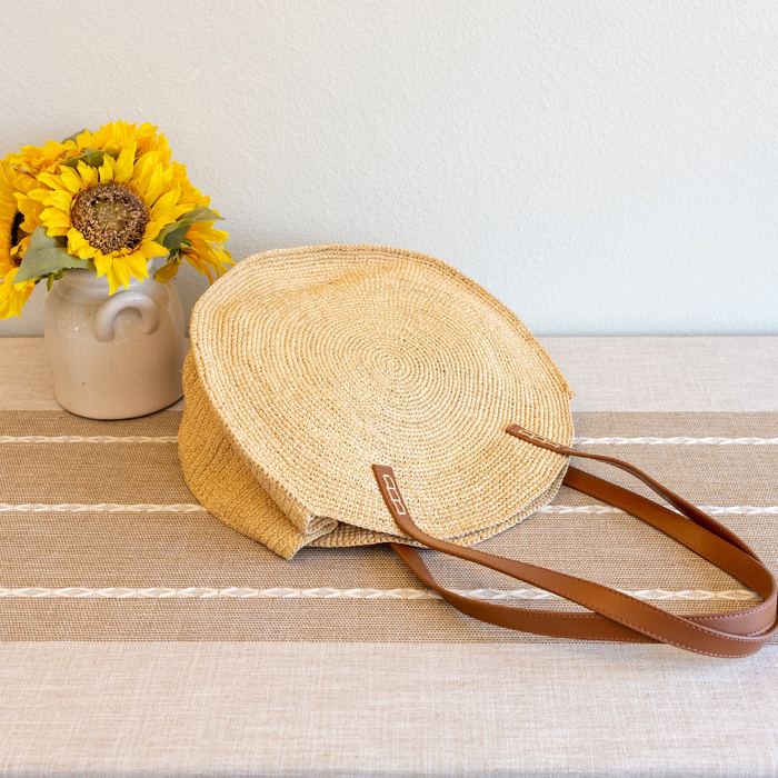 Round Raffia Shoulder Bag with Genuine Leather Handles
