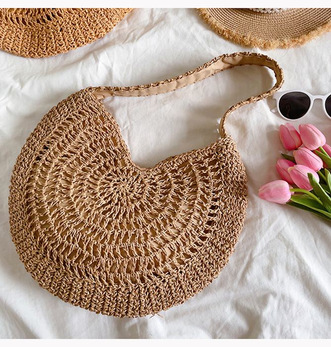 Round Openwork Straw Tote with Dipped Top
