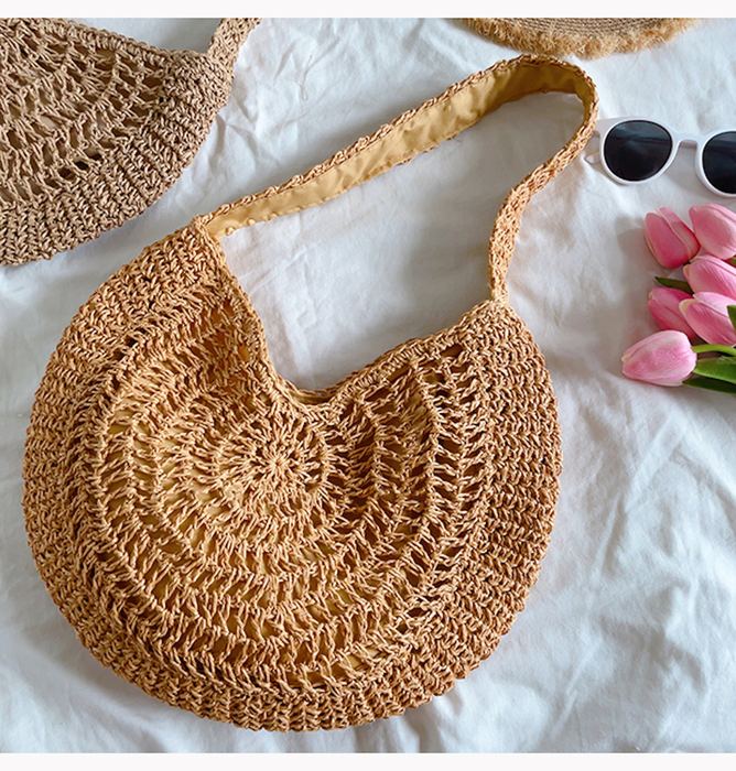 Round Openwork Straw Tote with Dipped Top