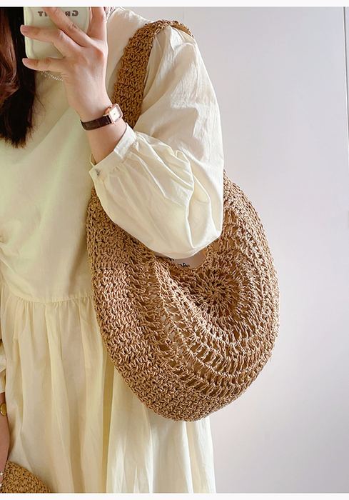 Round Openwork Straw Tote with Dipped Top