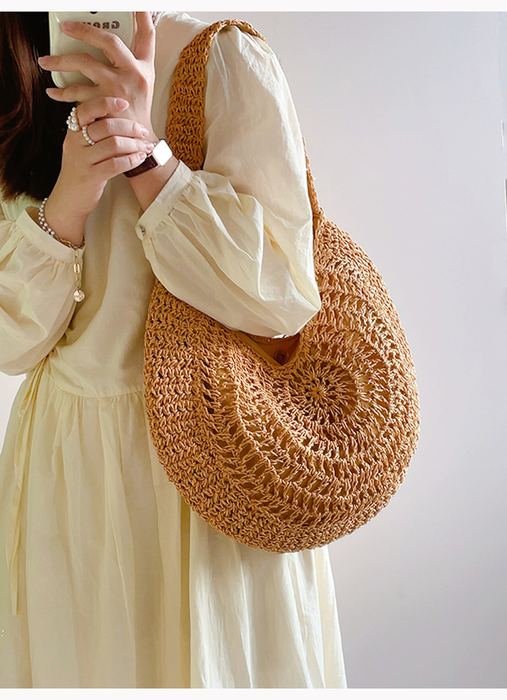 Round Openwork Straw Tote with Dipped Top