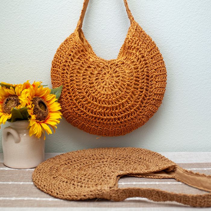 Round Openwork Straw Tote with Dipped Top
