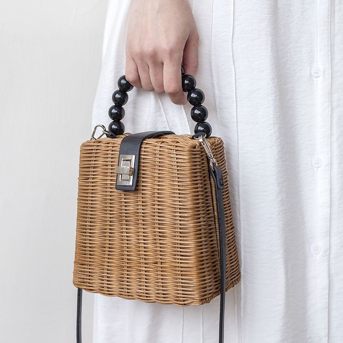 Rattan Box Handbag with Black Beaded Handle