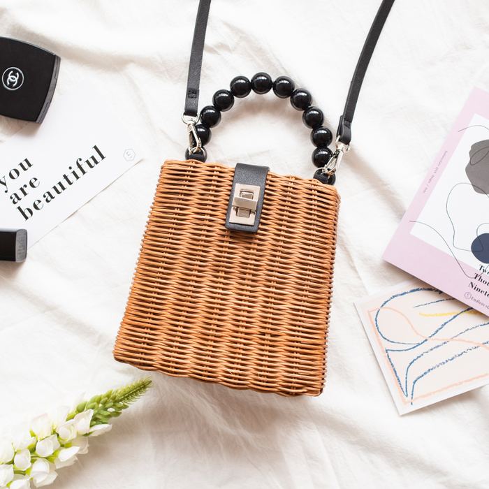 Rattan Box Handbag with Black Beaded Handle