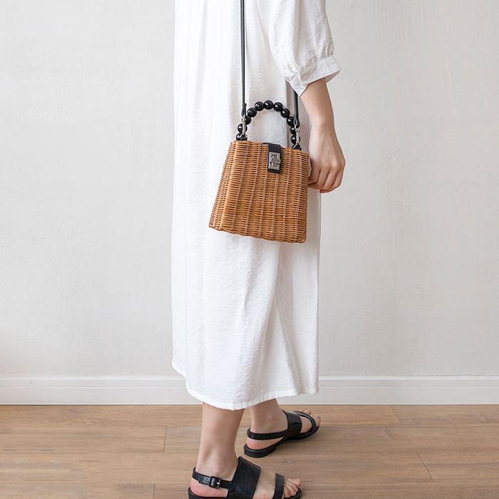 Rattan Box Handbag with Black Beaded Handle