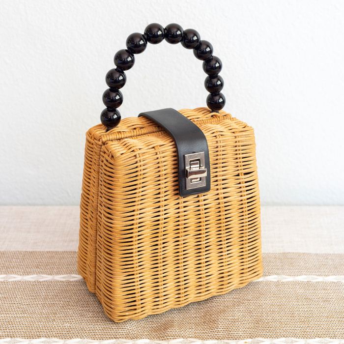 Rattan Box Handbag with Black Beaded Handle
