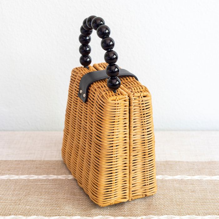 Rattan Box Handbag with Black Beaded Handle
