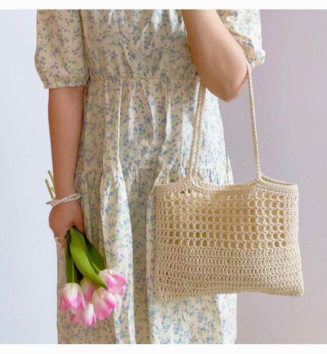 Rectangular Crochet Shoulder Bag with Openwork Upper Panel