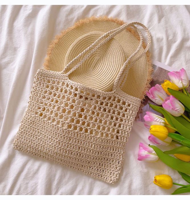 Rectangular Crochet Shoulder Bag with Openwork Upper Panel