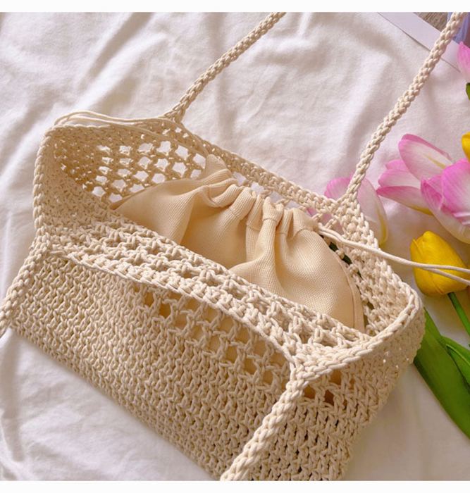 Rectangular Crochet Shoulder Bag with Openwork Upper Panel