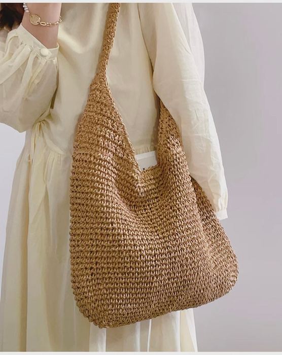 Slouchy Openwork Straw Hobo Shoulder Bag