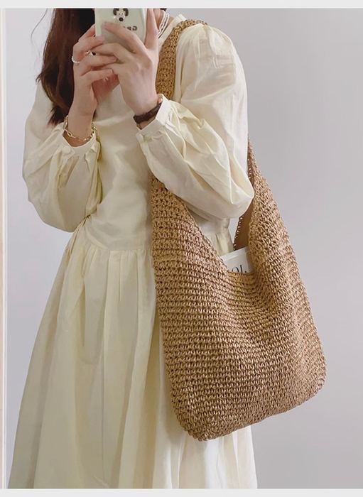 Slouchy Openwork Straw Hobo Shoulder Bag