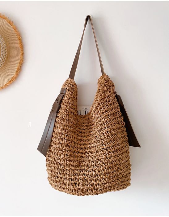 Straw Hobo Shoulder Bag with Wide Contrast Strap