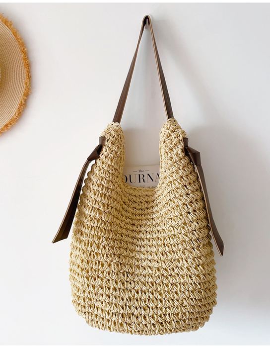 Straw Hobo Shoulder Bag with Wide Contrast Strap