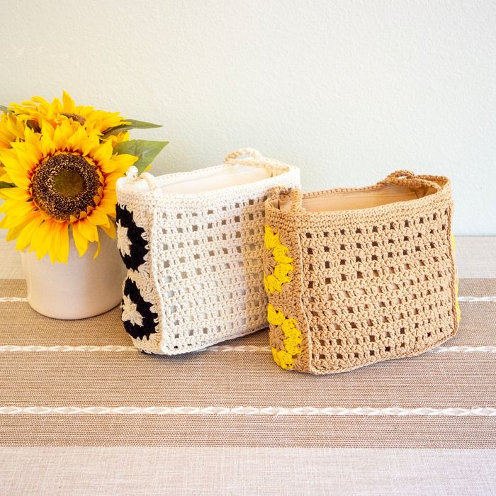 Small Cotton Crochet Crossbody Bag with Floral Side Panels