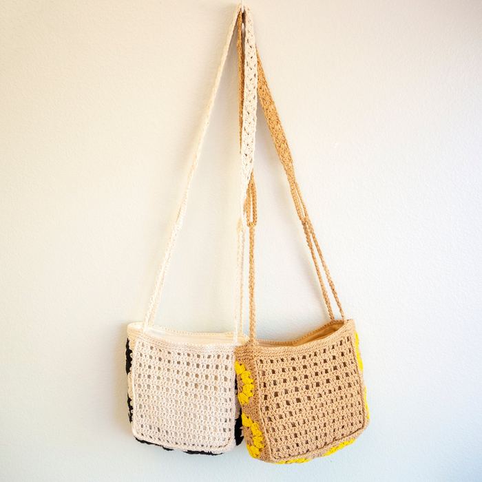 Small Cotton Crochet Crossbody Bag with Floral Side Panels