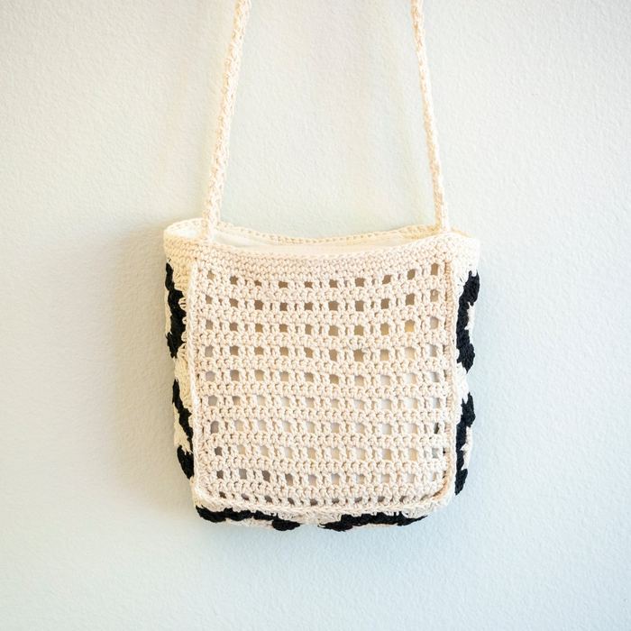 Small Cotton Crochet Crossbody Bag with Floral Side Panels