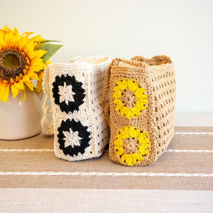 Small Cotton Crochet Crossbody Bag with Floral Side Panels