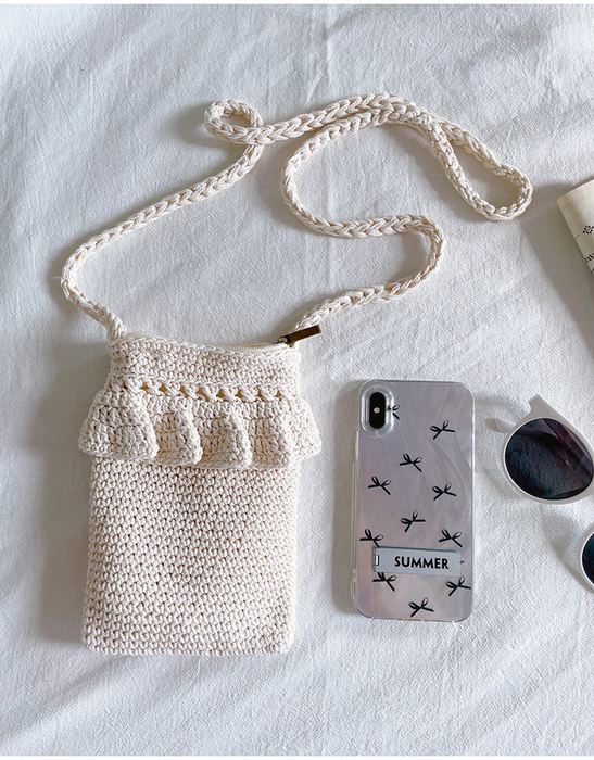 Small Cotton Crochet Crossbody Bag with Tassel Trim