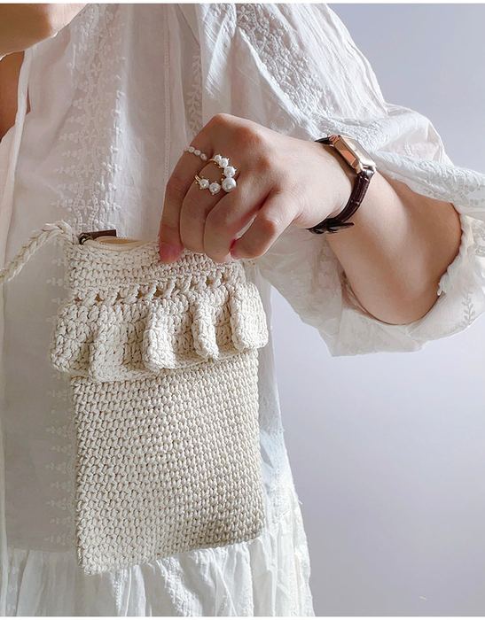 Small Cotton Crochet Crossbody Bag with Tassel Trim