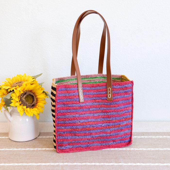 Multicolor Striped Raffia Shoulder Tote