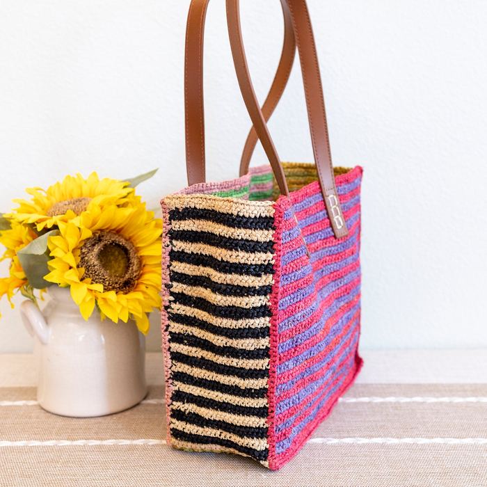 Multicolor Striped Raffia Shoulder Tote