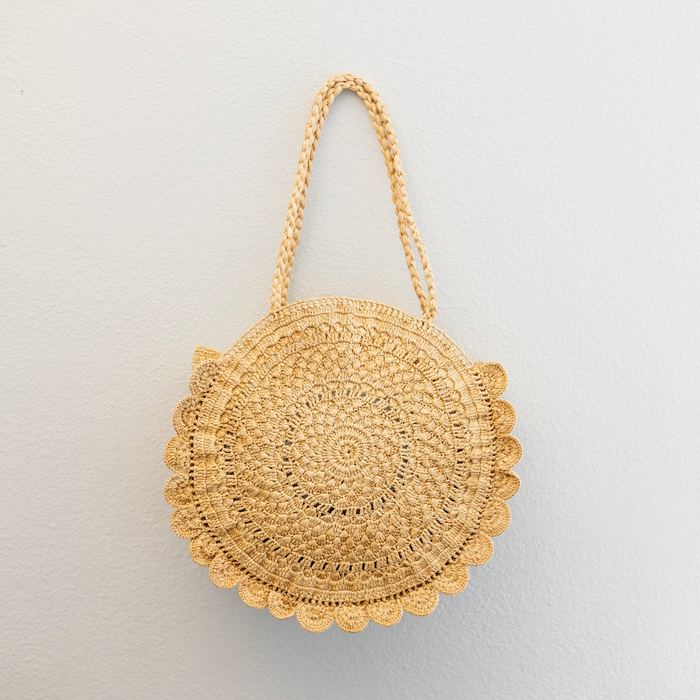 Round Raffia Shoulder Bag with Ruffled Edge