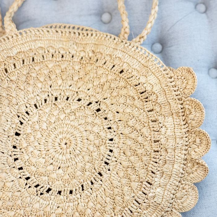 Round Raffia Shoulder Bag with Ruffled Edge