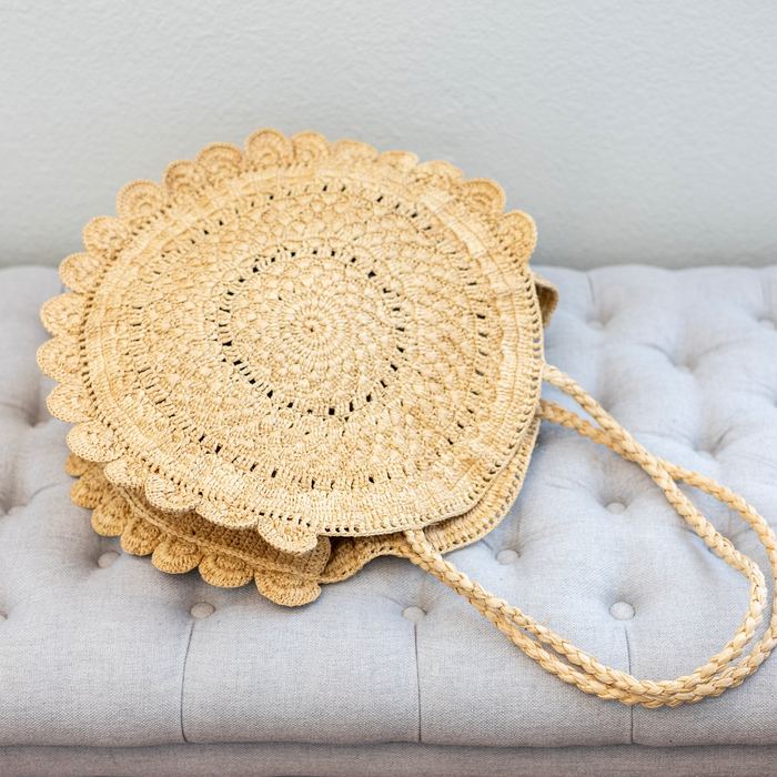 Round Raffia Shoulder Bag with Ruffled Edge