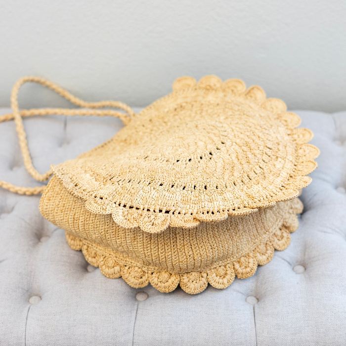 Round Raffia Shoulder Bag with Ruffled Edge