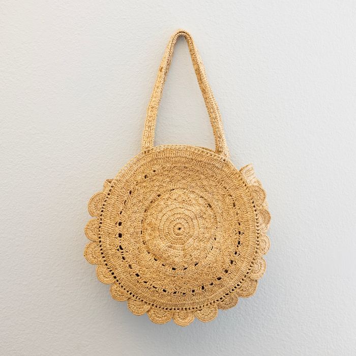 Round Raffia Shoulder Bag with Scalloped Edge