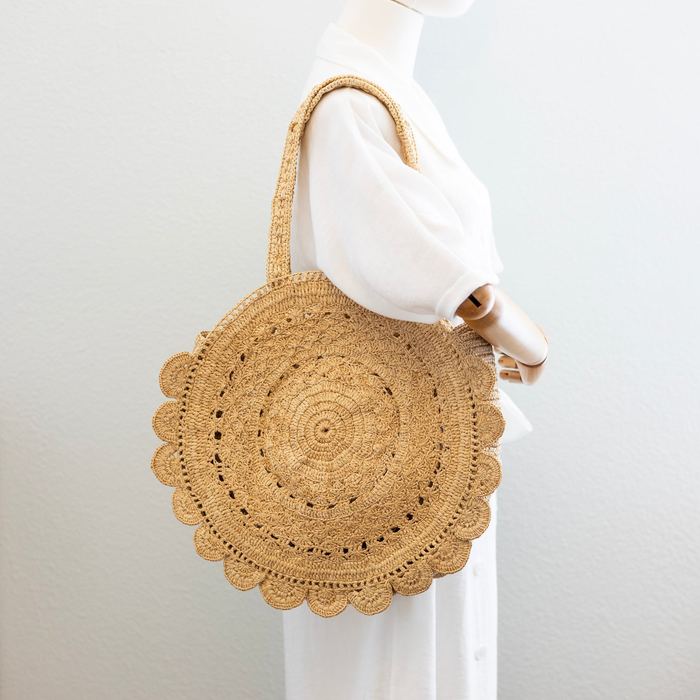 Round Raffia Shoulder Bag with Scalloped Edge