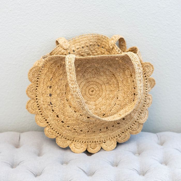 Round Raffia Shoulder Bag with Scalloped Edge