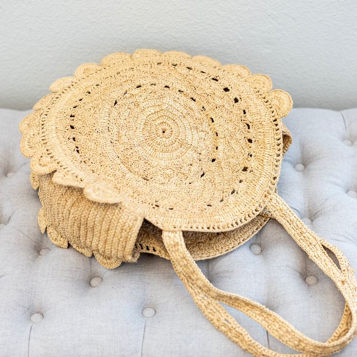 Round Raffia Shoulder Bag with Scalloped Edge