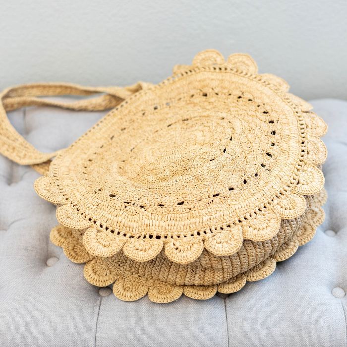 Round Raffia Shoulder Bag with Scalloped Edge