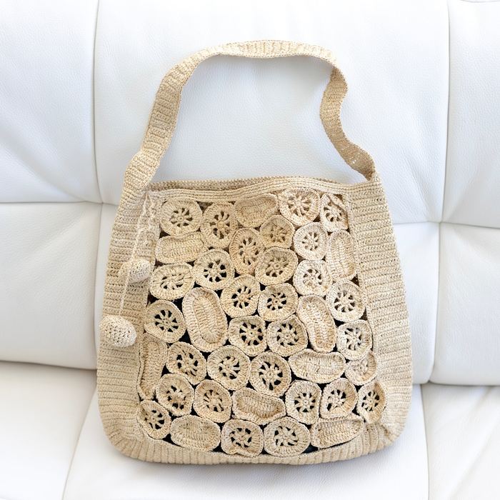 Circular-Motif Openwork Raffia Shoulder Bag