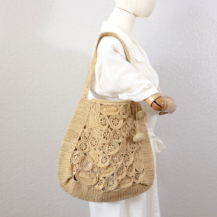 Circular-Motif Openwork Raffia Shoulder Bag