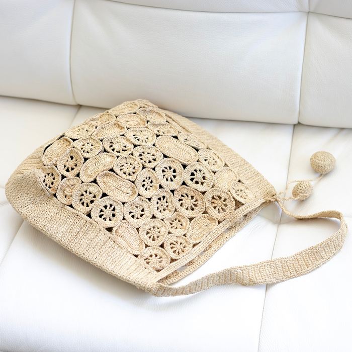 Circular-Motif Openwork Raffia Shoulder Bag