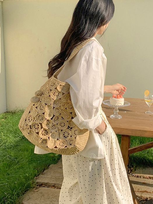 Circular-Motif Openwork Raffia Shoulder Bag
