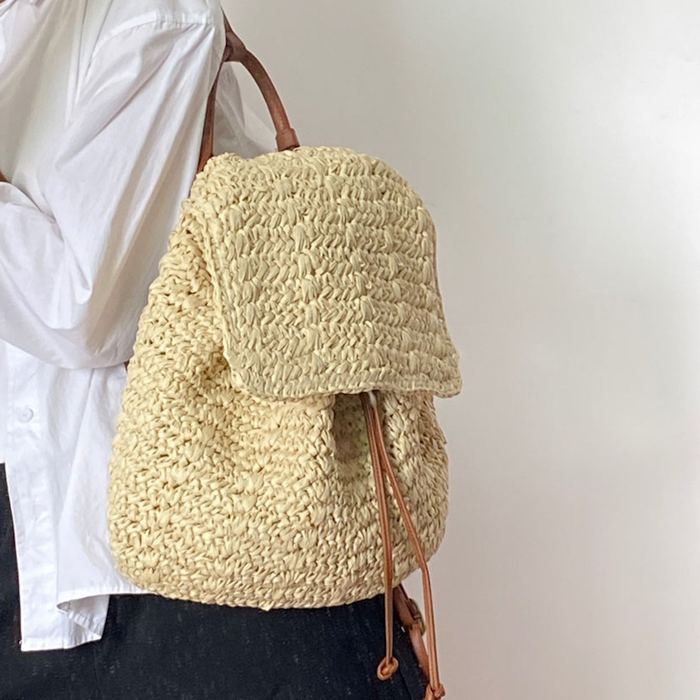 Woven Straw Flap Backpack with Adjustable Straps