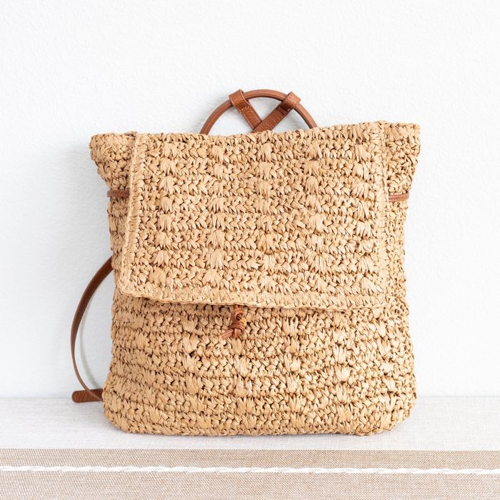 Woven Straw Flap Backpack with Adjustable Straps