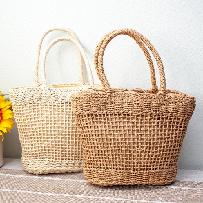 Openwork Straw Basket Tote with Rounded Handles