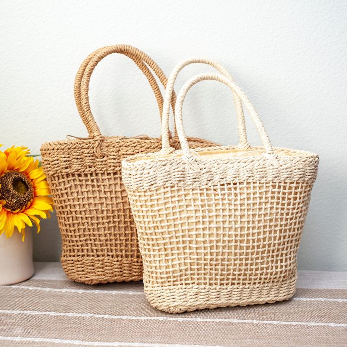Openwork Straw Basket Tote with Rounded Handles