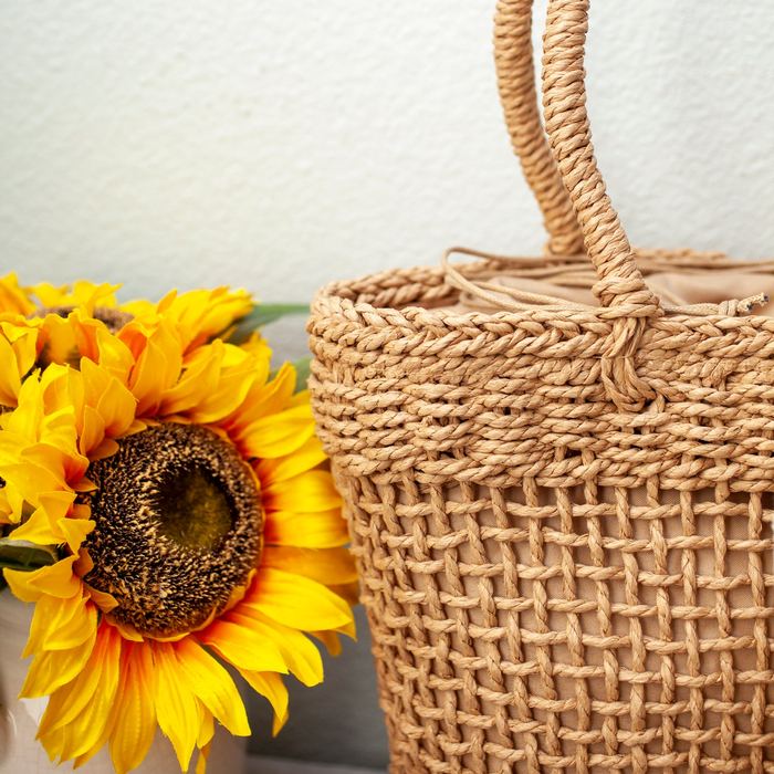 Openwork Straw Basket Tote with Rounded Handles