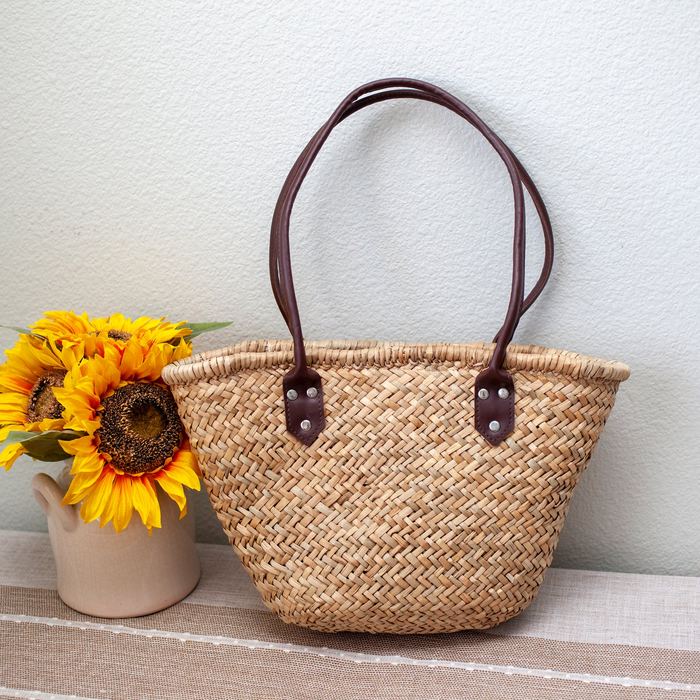 Straw Basket Tote with Dark Brown Shoulder Handles