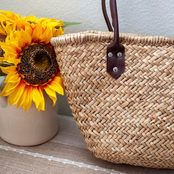 Straw Basket Tote with Dark Brown Shoulder Handles