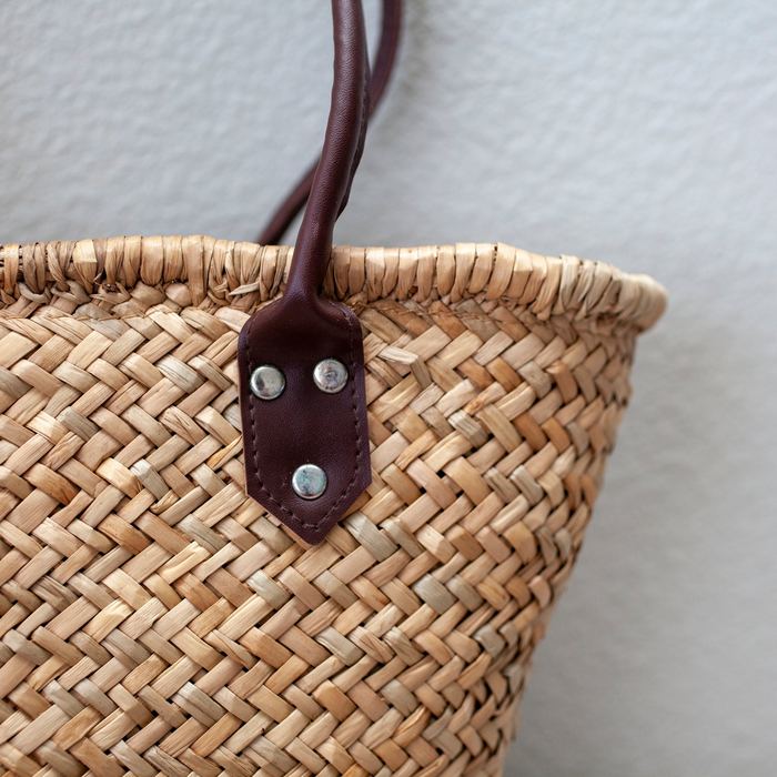 Straw Basket Tote with Dark Brown Shoulder Handles