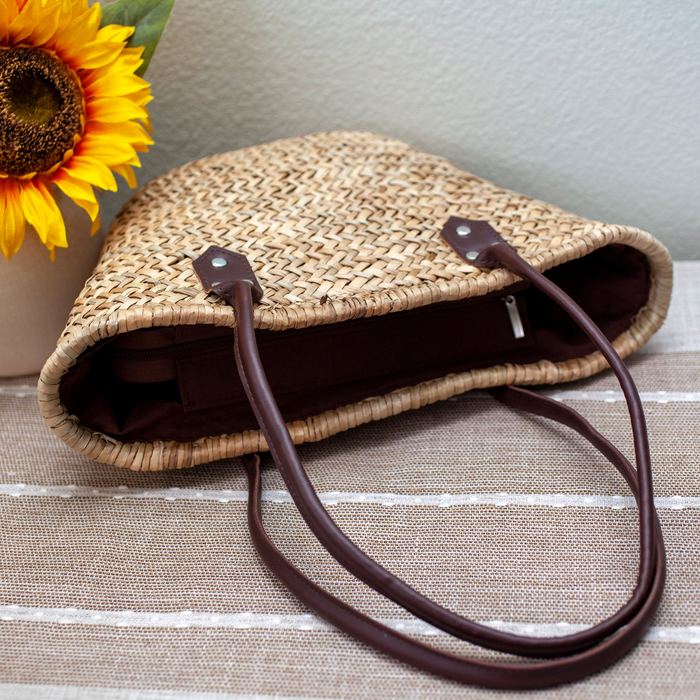 Straw Basket Tote with Dark Brown Shoulder Handles